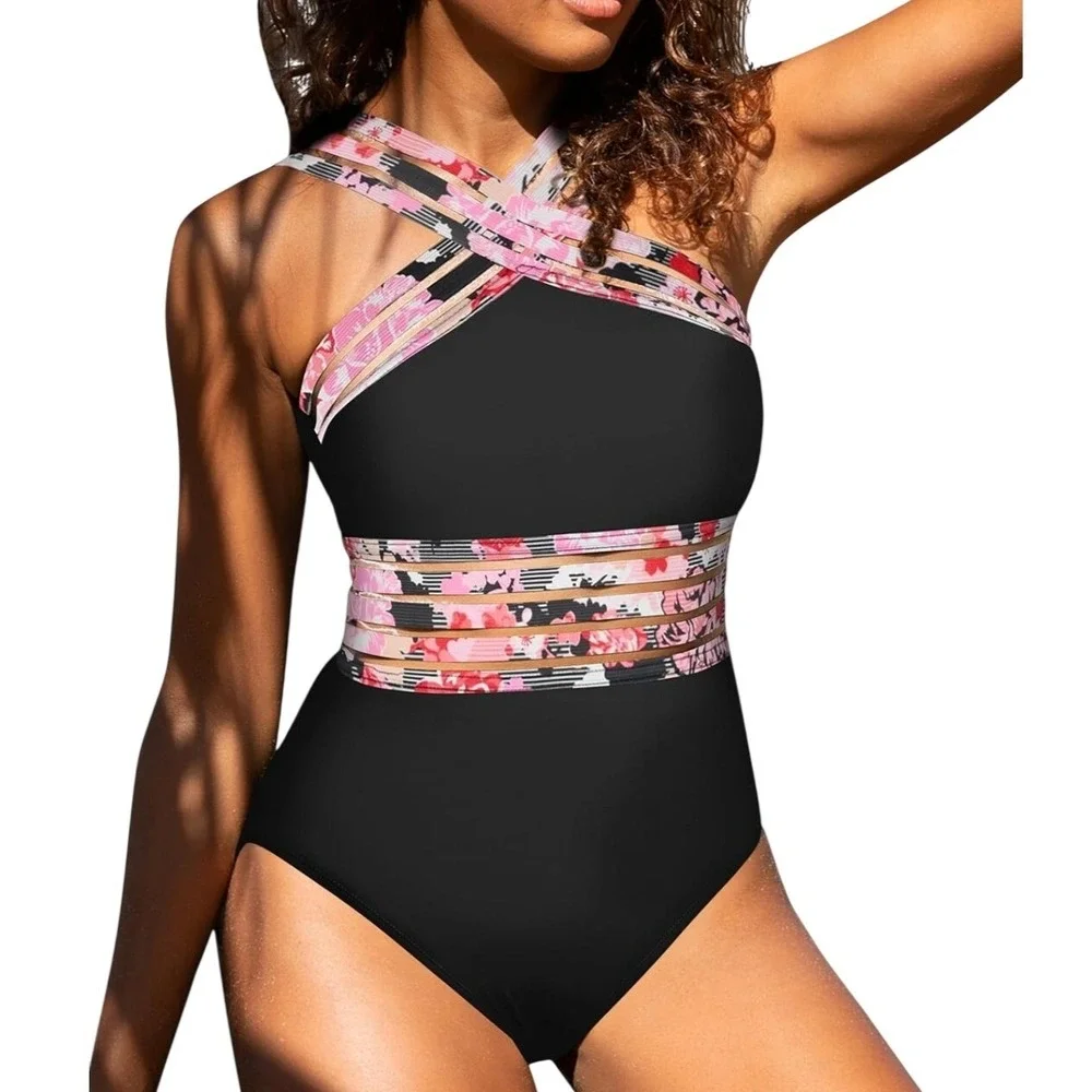 Hilor One Piece Swimsuit Women L Black Floral Mesh Crossover Resort Boho 646 NWT